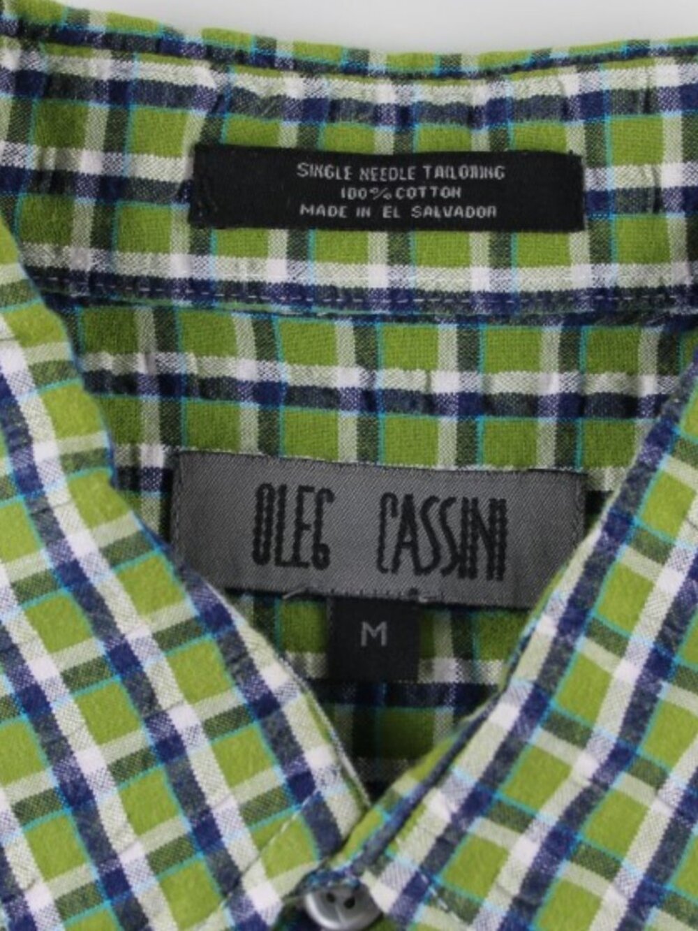 OLEG CASSINI Seersucker Lime Peel Green Blue & White SS Shirt 100% Cotton Size M